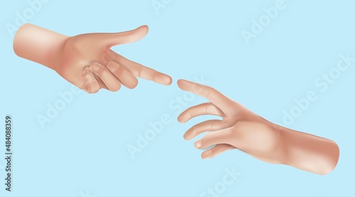Vector Hands set of realistic 3d design in cartoon style. Hand shows different gestures signs. Collection isolated on white background. Vector illustration