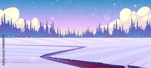 Rural landscape with fields, road and coniferous forest in winter. Vector cartoon illustration of countryside with path in snow and trees silhouettes on horizon