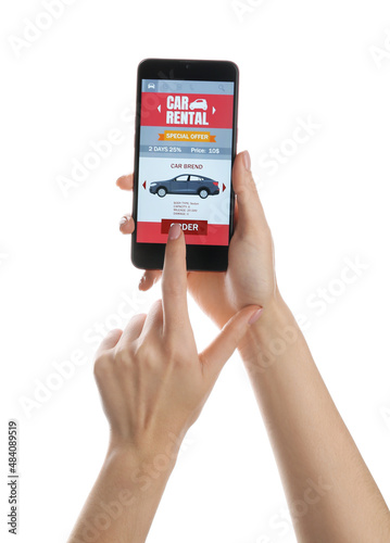 Obraz na plátně Woman ordering rental car on white background