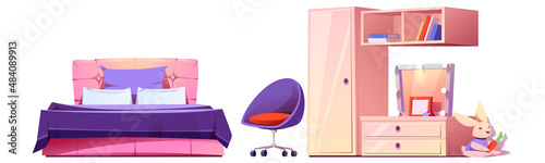 Girl bedroom furniture, bed, cupboard, bookshelf, chair and dresser. Vector cartoon set of female kids room interior with books, mirror and plush rabbit toy isolated on white background
