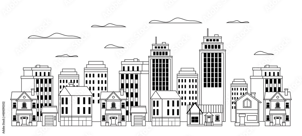 Vector illustration of skyline linear cityscape landscape template.