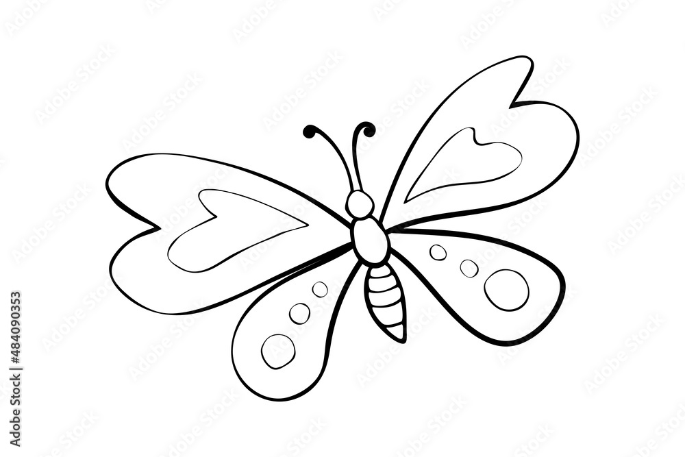 Vector black outline cute butterfly in Doodle style. Simple outline design element, clip art for spring, summer, postcard Vector black outline cute butterfly in Doodle style. Simple outline design element, clip art for spring, summer, postcard