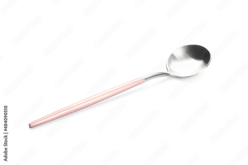 Stainless steel tea spoon with pink handle on white background Stainless steel tea spoon with pink handle on white background