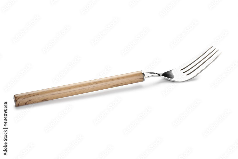 Stainless steel fork with wooden handle on white background Stainless steel fork with wooden handle on white background