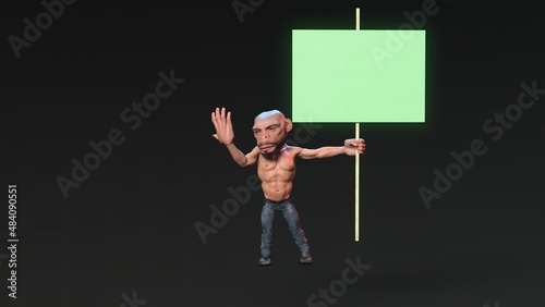 Photography mature muscular man with monkey head in t-shirt and jeans holding a sign in his