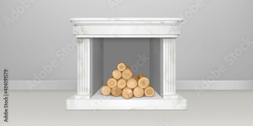 White marble fireplace with pile of logs in empty living room interior. Vector realistic illustration of hearth in stone frame with pilasters, mantelpiece and firewood pile inside