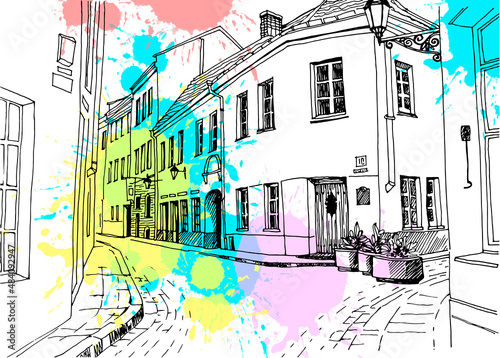 Old city street in hand drawn sketch style. Vilnius, Lithuania. Nice European city. Urban landscape. Vector illustration on colorful blobs background. Without people.