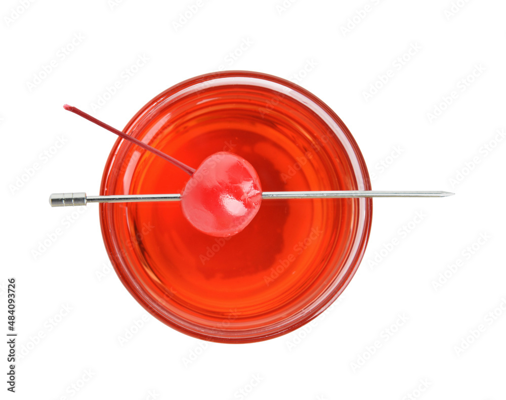 Glass of delicious Manhattan cocktail with cherry on white background Glass of delicious Manhattan cocktail with cherry on white background