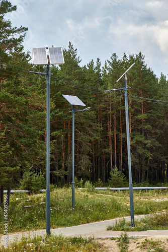 lamppost with a solar battery on a forest path.