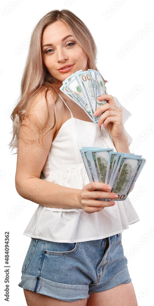 Young happy woman with dollar banknotes in hand isolated on white background Young happy woman with dollar banknotes in hand isolated on white background
