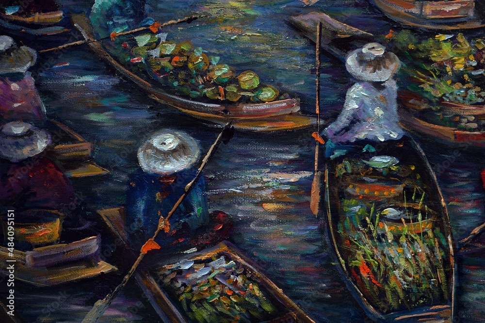 Fototapeta premium hand painted original impressionism art painting oil color boating floating market thailand countryside and siam land of smiles