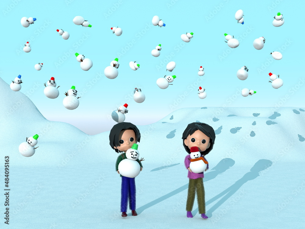Fototapeta premium 雪だるまの降る野原で、雪だるまと遊ぶ子どもたち