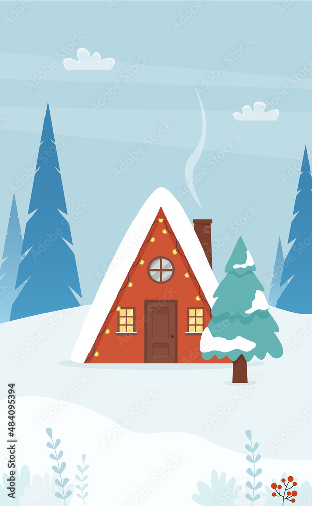 Winter cabin. Winter landscape with a country house with chimney smoke, trees, snow. Christmas vector illustration in cartoon flat style.