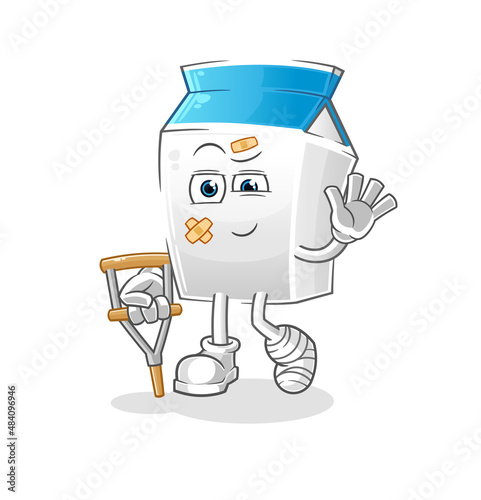 milk sick with limping stick. cartoon mascot vector