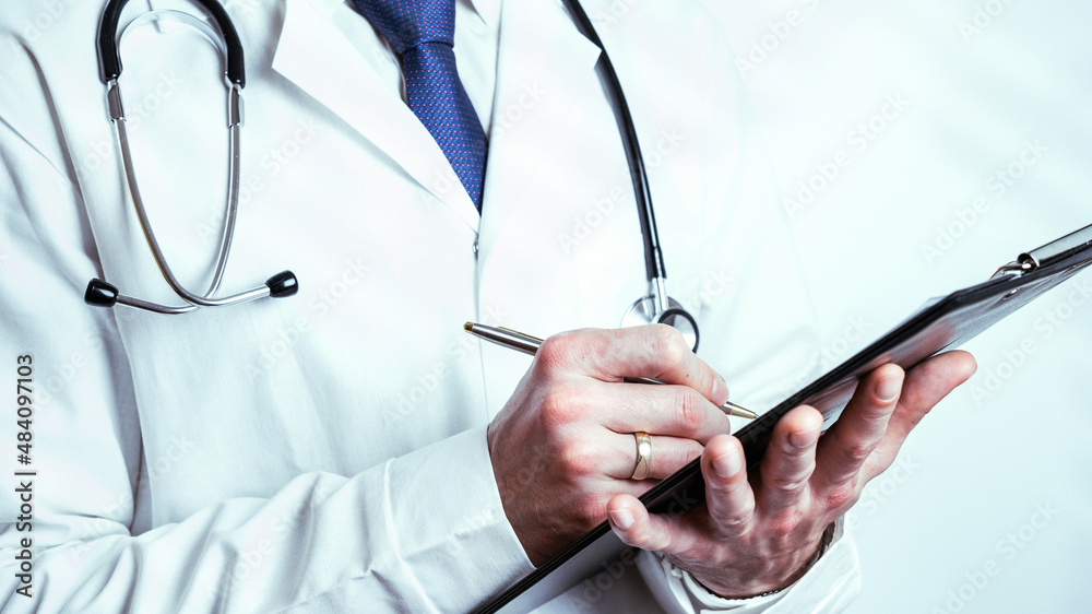 Clipboard hand medical background. Happy nurse in blue gloves, hospital uniform holding patient clipboard isolated on white. Medical service, consultation or education, healthy lifestyle banner. Clipboard hand medical background. Happy nurse in blue gloves, hospital uniform holding patient clipboard isolated on white. Medical service, consultation or education, healthy lifestyle banner.