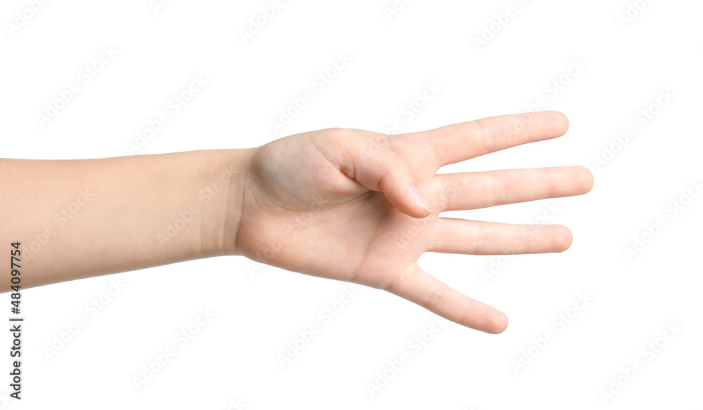 Child showing four fingers on white background Child showing four fingers on white background