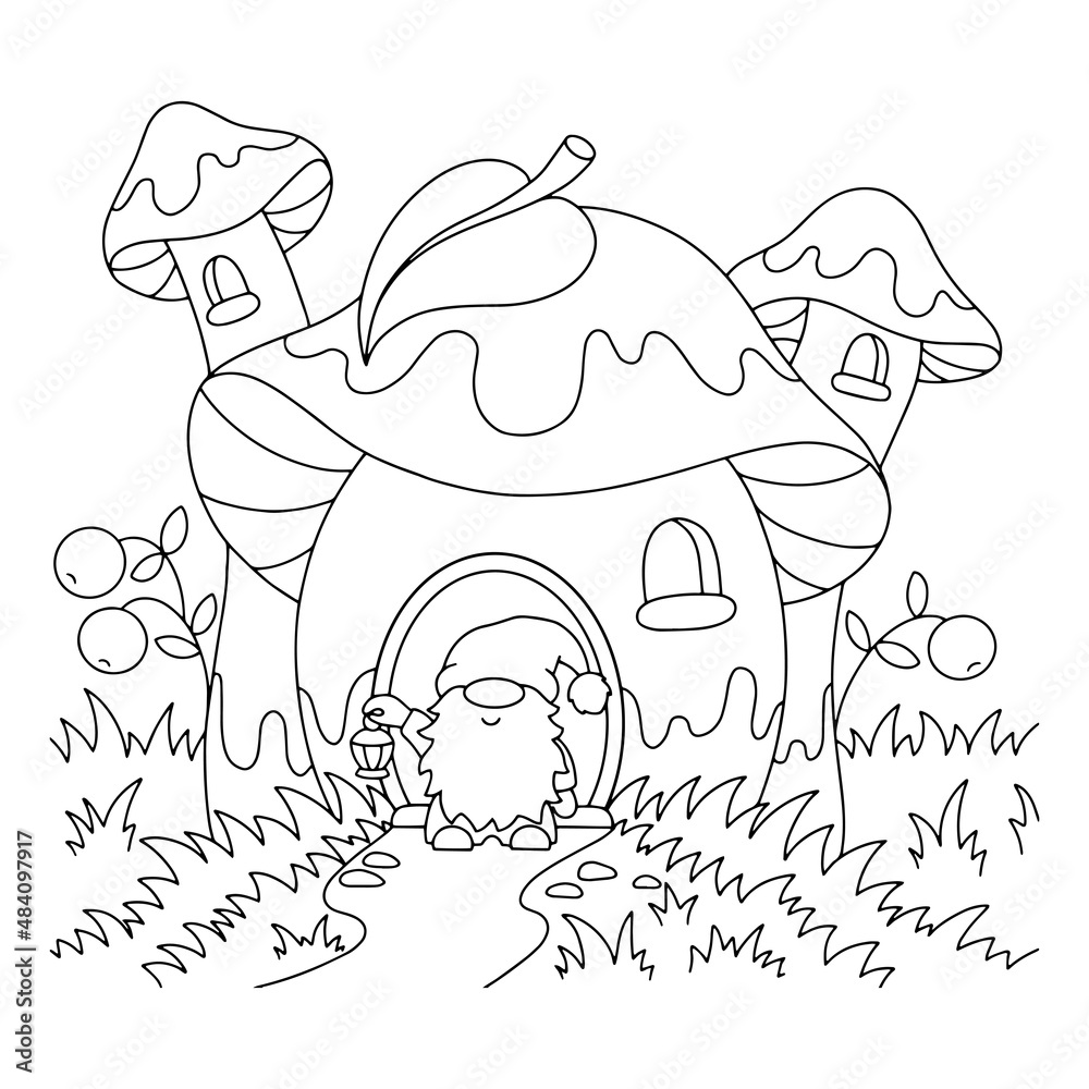 Mushroom house and garden gnome. Coloring book page for kids. Cartoon style character. Vector illustration isolated on white background. Stock Vector | Adobe Stock Mushroom house and garden gnome. Coloring book page for kids. Cartoon style character. Vector illustration isolated on white background. Stock Vector | Adobe Stock