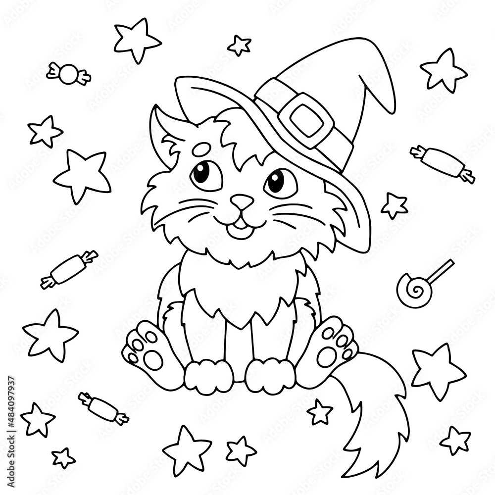 A fluffy cat in a witch hat sits and looks at candies and stars. Halloween theme. Coloring book page for kids. Cartoon style. Vector illustration isolated on white background.