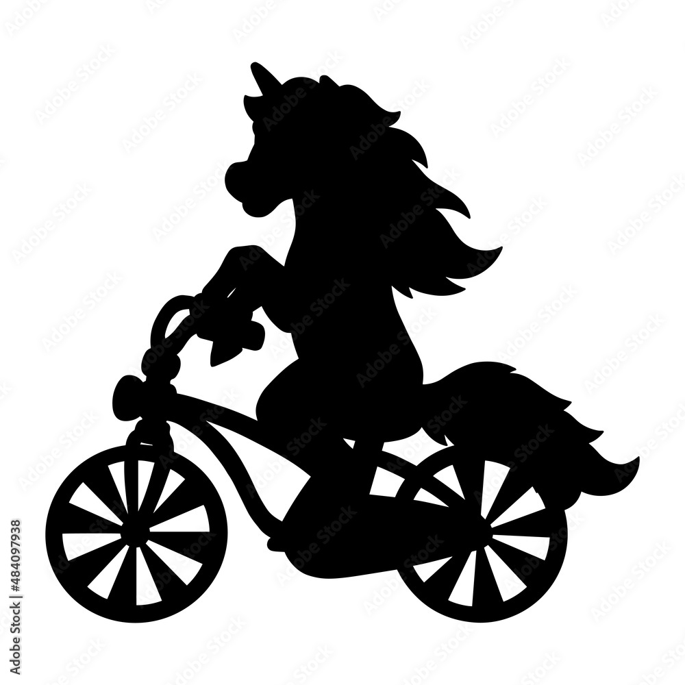 Cheerful unicorn rides a bicycle. Black silhouette. Design element. Vector illustration isolated on white background. Template for books, stickers, posters, cards, clothes.