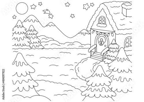 Wonderful natural landscape. Coloring book page for kids. Cartoon style. Vector illustration isolated on white background.