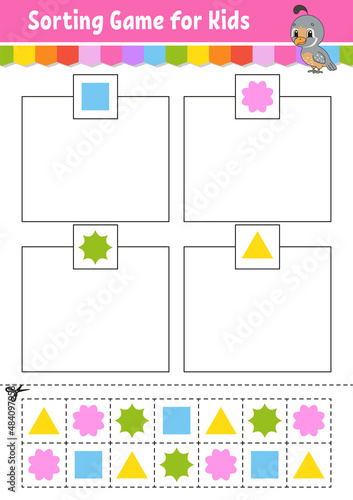 Sorting game for kids. Cut and glue. Education developing worksheet. Matching game for kids. Color activity page. Puzzle for children. Cute character. Vector illustration. cartoon style.