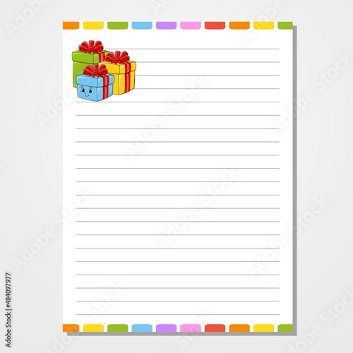 Sheet template for notebook, notepad, diary. Lined paper. Cute character. With a color image. Isolated vector illustration. cartoon style.