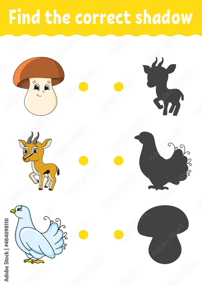 Find the correct shadow. Education developing worksheet. Matching game for kids. Color activity page. Puzzle for children. Cute character. Vector illustration. cartoon style. Find the correct shadow. Education developing worksheet. Matching game for kids. Color activity page. Puzzle for children. Cute character. Vector illustration. cartoon style.