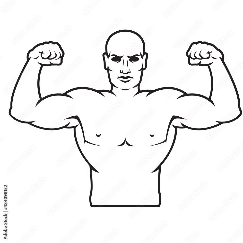 Bodybuilder strong man. Outline silhouette. Design element. Vector illustration isolated on white background. Template for books, stickers, posters, cards, clothes. Bodybuilder strong man. Outline silhouette. Design element. Vector illustration isolated on white background. Template for books, stickers, posters, cards, clothes.