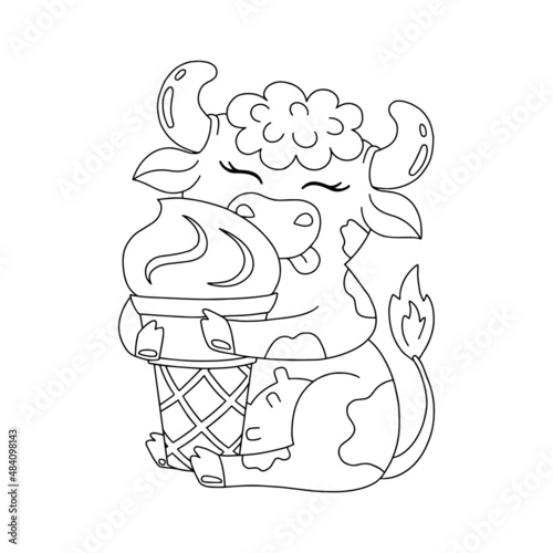 Farm animal cow holds ice cream. Coloring book page for kids. Cartoon style. Vector illustration isolated on white background.