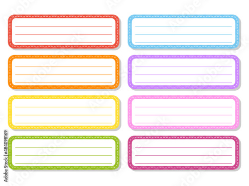 Set stickers for design. Empty template. Name tags, gift labels. Perfect for folders, daily journals, notebooks, lunch bags, pencil boxes. Rectangular label. Color vector isolated illustration.