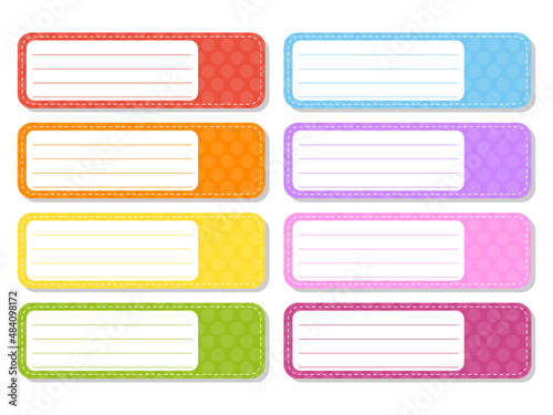 Set stickers for design. Empty template. Name tags, gift labels. Perfect for folders, daily journals, notebooks, lunch bags, pencil boxes. Rectangular label. Color vector isolated illustration.