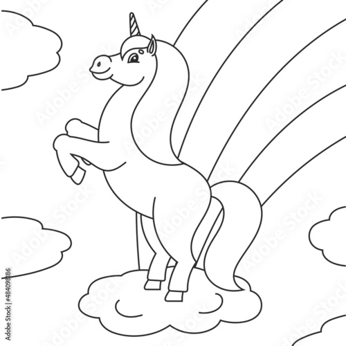 Coloring book for kids. The magical unicorn reared up. The animal horse stands on its hind legs. Cartoon style. Simple flat vector illustration.