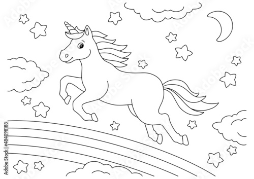 A beautiful unicorn jumps on a rainbow. Coloring book page for kids. Cartoon style character. Vector illustration isolated on white background.