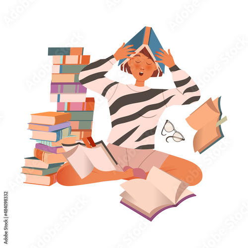 Stressed tired student with pile of books. Professional burnout syndrome, depressed person cartoon vector illustration