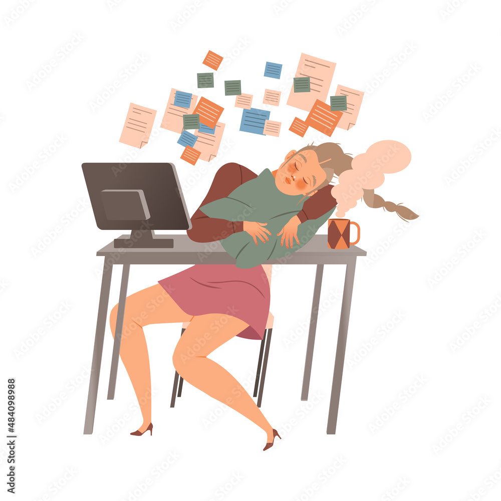 Tired sleepy female office worker or freelancer. Professional burnout syndrome, depressed person cartoon vector illustration