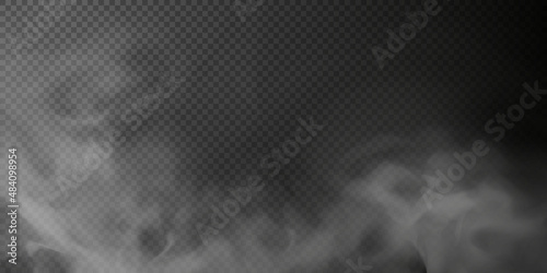 White smoke puff isolated on transparent black background. PNG. Steam explosion special effect. Effective texture of steam, fog, smoke png. Vector.