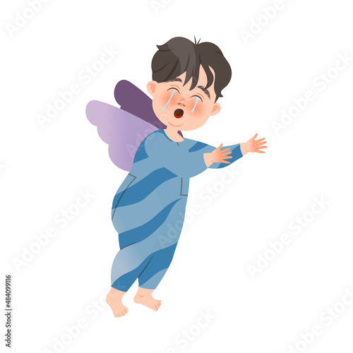 Cute upset crying little boy with wings cartoon vector illustration