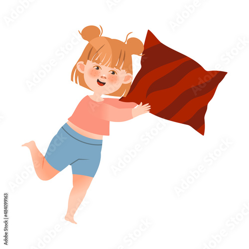 Cute little girl fighting with pillow cartoon vector illustration