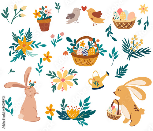 Easter set. Rabbit with basket, flowers, watering can, basket with eggs. Spring. Happy easter. Great for decoration flyers, banners, wallpapers, print products Vector cartoon illustration.