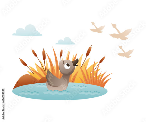 Lonely duckling swimming in the pond in autumn. Ugly duckling fairy tale cartoon vector illustration