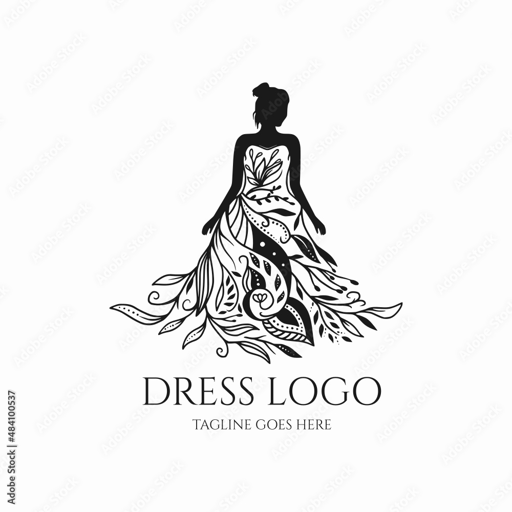 Dress logo vector, bride icon silhouette, beauty dress with flower design Dress logo vector, bride icon silhouette, beauty dress with flower design