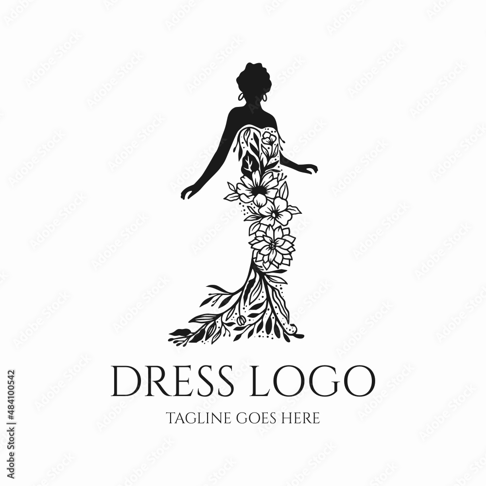 dress logo fashion vector with flower, beauty dress, wedding silhouette dress logo fashion vector with flower, beauty dress, wedding silhouette