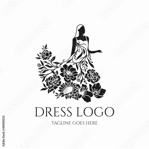 Dress logo vector, beauty design icon, dress with flower  silhouette, wedding icon