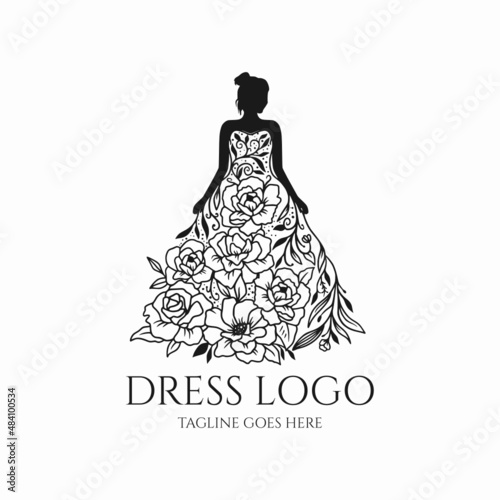 Dress logo vector, bride illustration, dress with flower silhouette, wedding design icon