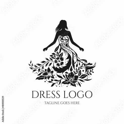 Dress logo vector, elegant dress design with flower illustration
