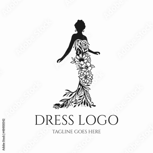 dress logo fashion vector with flower, beauty dress, wedding silhouette
