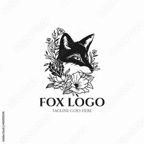 black and white fox logo vector, head fox with flower design 