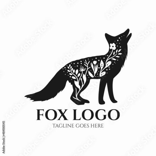 Fox logo design vector, black fox with flower icon