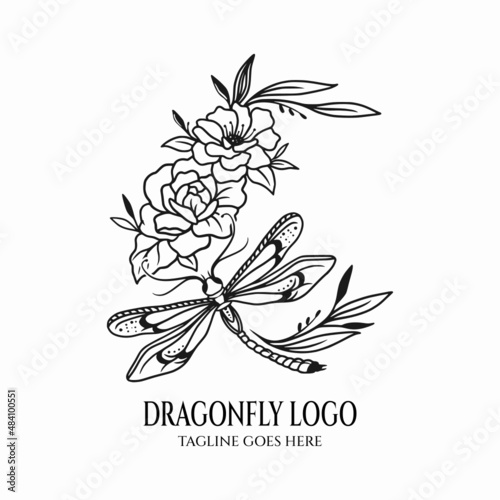 dragonfly logo with flowers, beauty dragonfly design vector