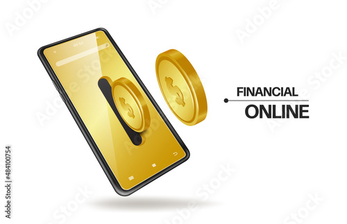 Gold coin flows out of the slot on the smartphone screen. and all floating in midair for financial and payment online advetising concept design,vector 3d isolated on white background